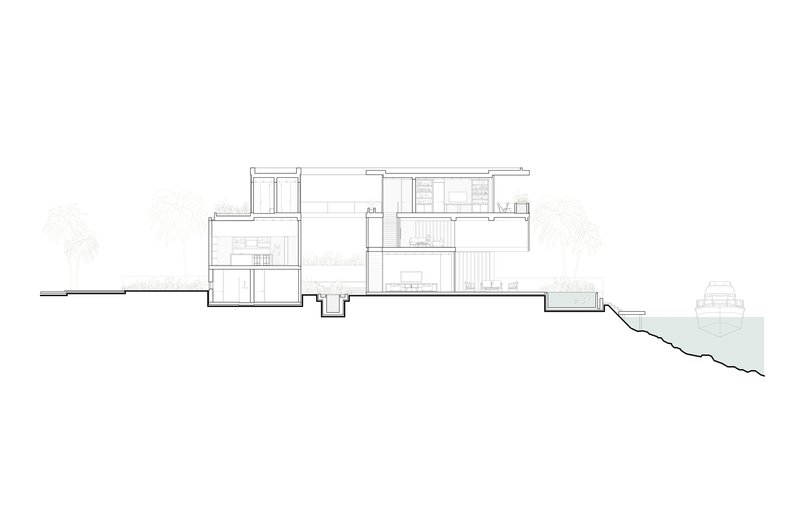 Section drawing showing interior levels and room configurations stepping up a hillside