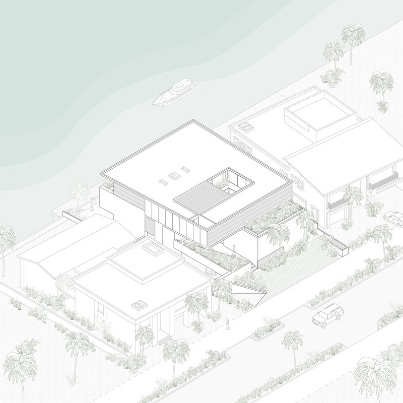 Axonometric drawing showing flat-roofed volumes with a courtyard, boat dock, and palm trees