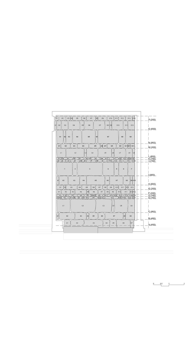 Elevation drawing showing a multi-story facade with rectangular window openings and labeled floor heights
