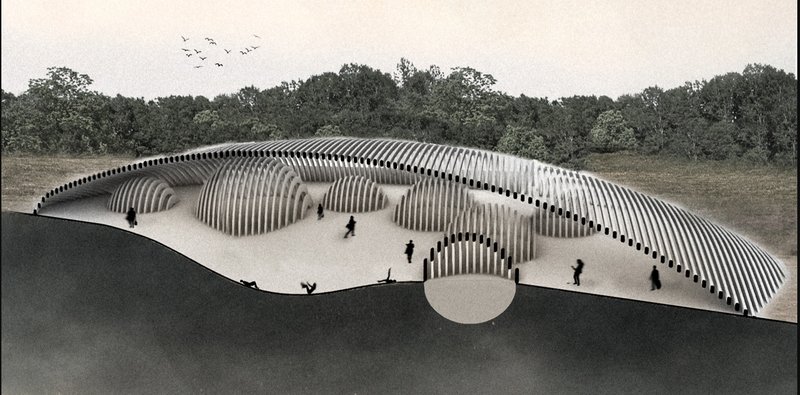 Ribbed wooden framework creating intimate seating and social pockets