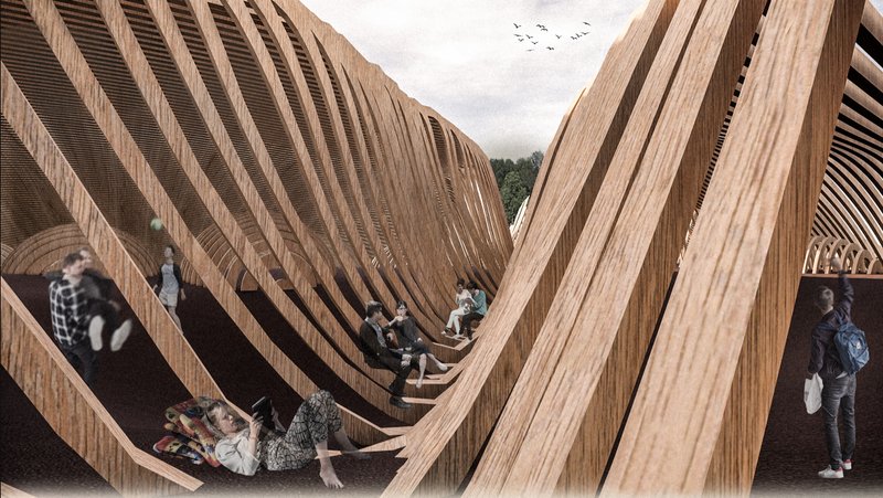Exterior massing expressing continuous form and integration with landscape