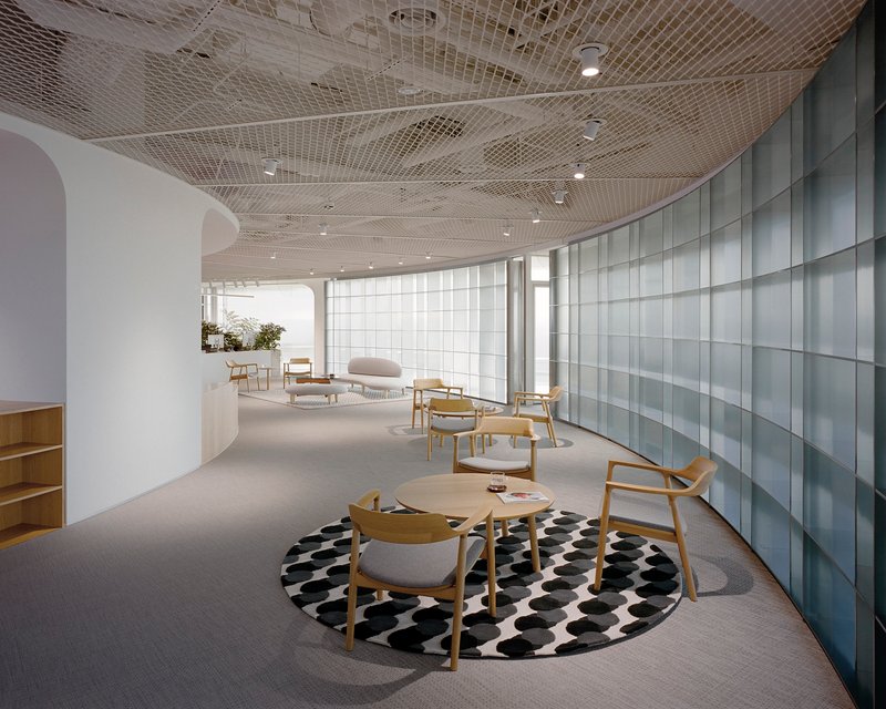 Curved lounge area with patterned rug and translucent glass wall under undulating mesh ceiling