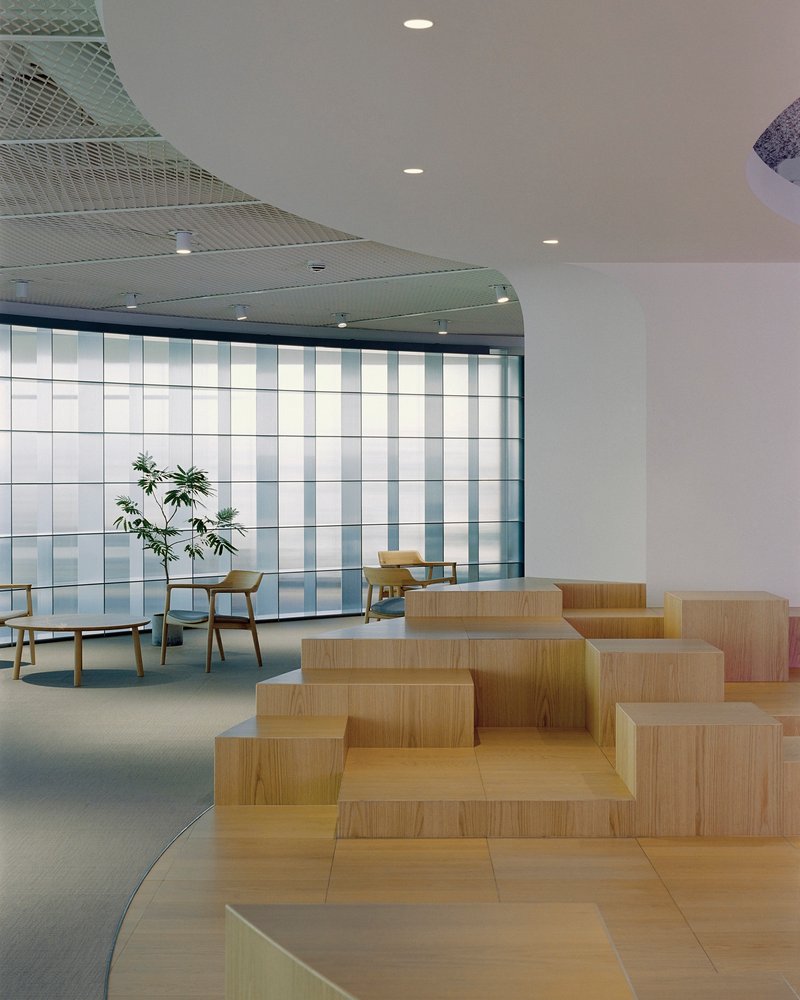 Stepped timber seating platforms beside a translucent glass curtain wall with potted greenery
