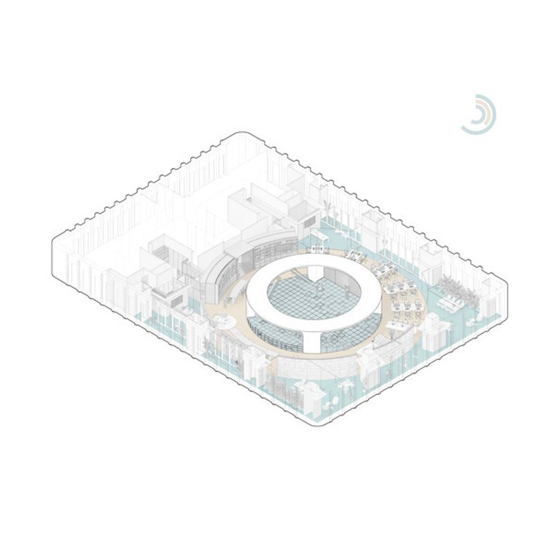 Isometric drawing of a circular atrium surrounded by perimeter zones with landscaping and a gridded roof