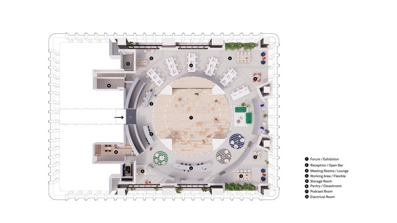 Floor plan showing a circular central space ringed by workstations, meeting rooms, and planted zones