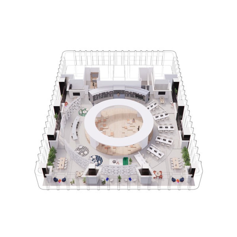 Axonometric cutaway of the office floor with circular atrium, peripheral workspaces, and potted greenery