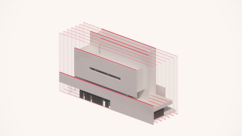 Axonometric diagram showing layered roof planes highlighted in red over a rectangular volume