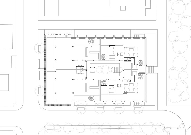 Second floor plan drawing showing smaller residential units clustered around circulation cores