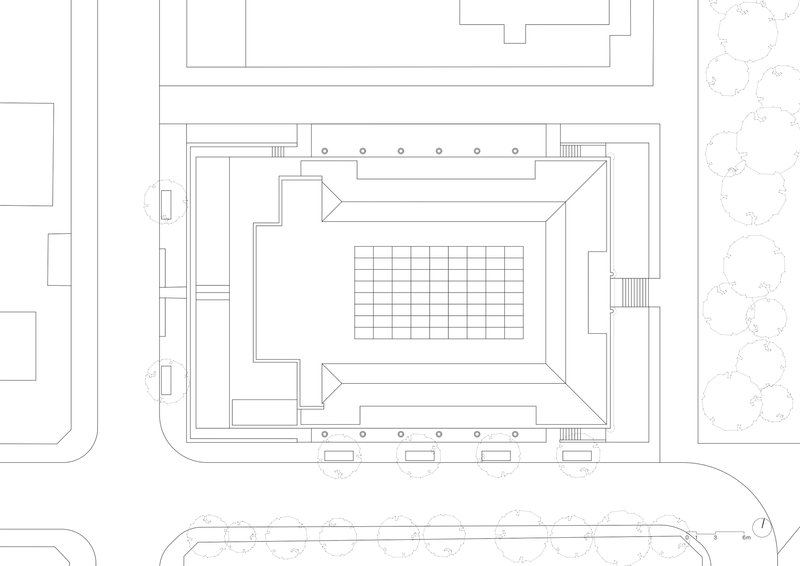 Roof plan drawing showing a central gridded surface surrounded by stepped terraces
