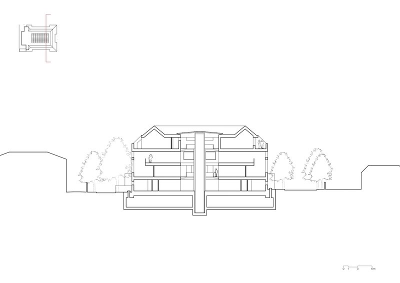 Section drawing showing a symmetrical multi-level structure with central circulation and flanking wings surrounded by trees