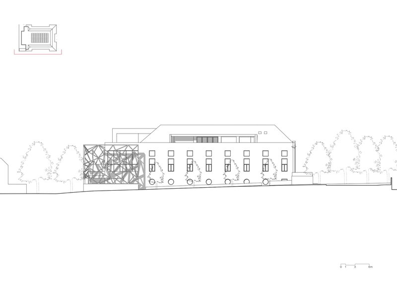 Elevation drawing showing a linear facade with repeated window openings and an exposed structural frame addition