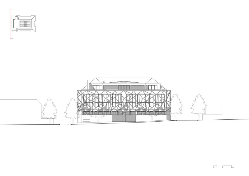 Elevation drawing showing the front facade with ornamental gable roofs and open structural framework at ground level