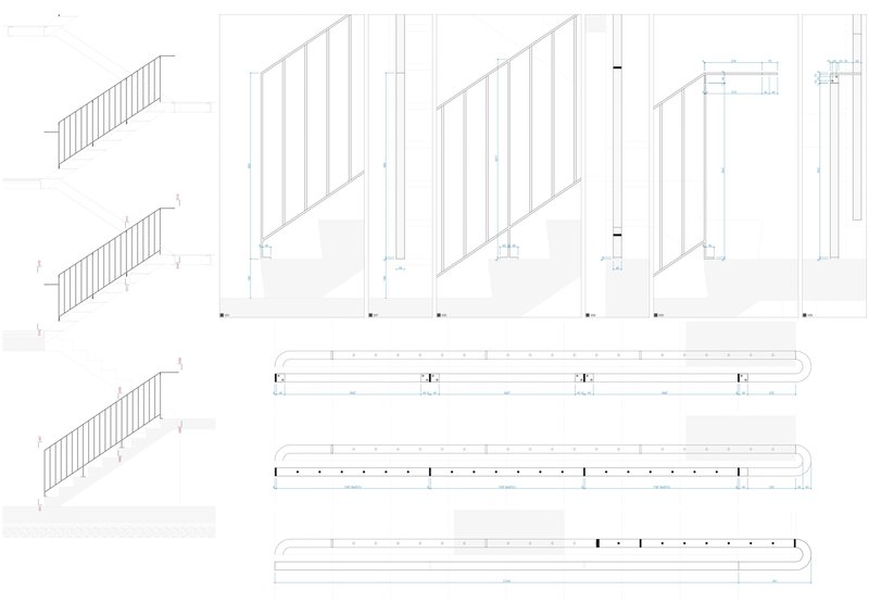 Axonometric drawings showing railing details and structural beam elevations with connection points