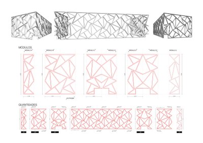 The image presents an architectural design featuring a modular facade system. It includes elevations