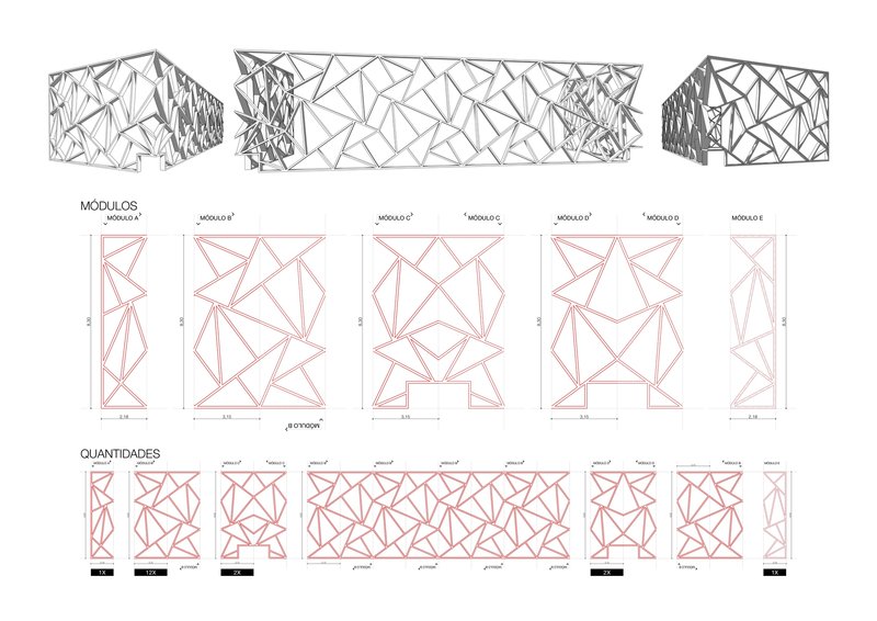 Diagram showing triangulated facade panel modules with elevation and plan variations for assembly