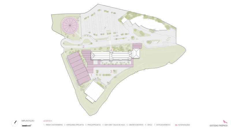 Site plan drawing showing irregular boundary with building footprints and landscape zones
