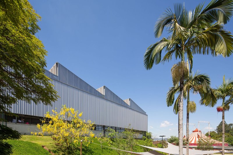 Vertical corrugated metal facade rising above a grassy slope with palm trees and flowering shrubs