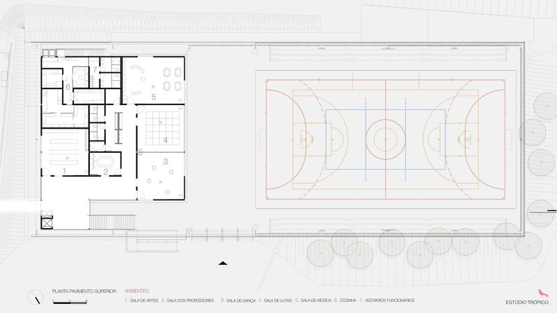 Upper floor plan drawing showing rooms flanking the full-length basketball court with surrounding trees