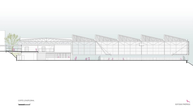 Longitudinal section drawing showing exposed truss roof structure spanning the basketball court hall