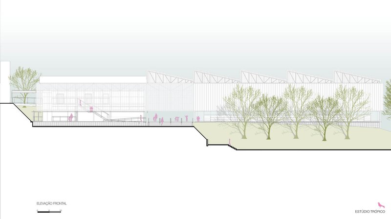 Section drawing showing a horizontal building with sawtooth roof elements and a row of trees along sloping ground