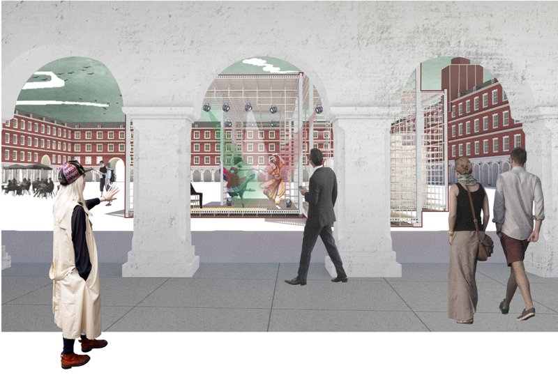 Colonnade view reveals layered audience engagement across modular theater units