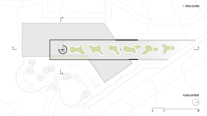 Upper floor plan drawing showing a long bar with organic skylights puncturing the roof