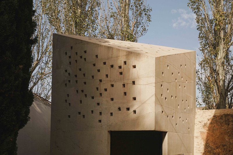Concrete volume with grid of square perforations set among deciduous trees in afternoon light
