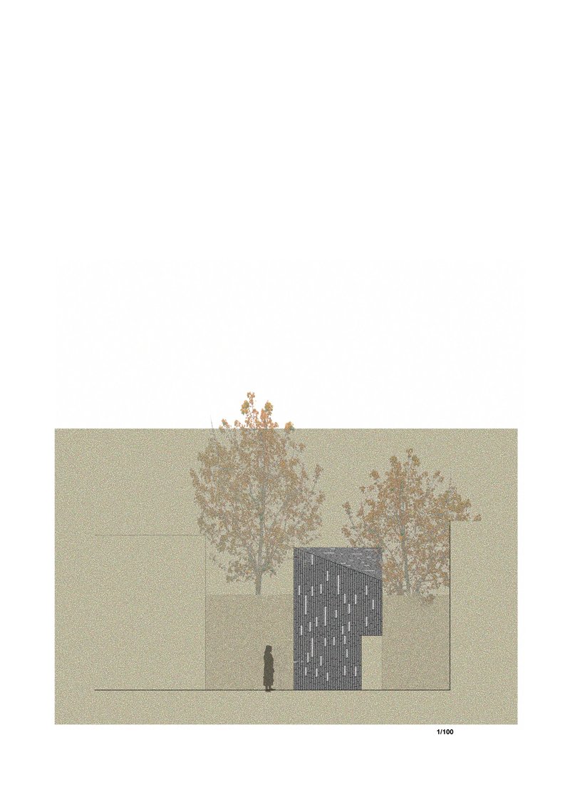 Elevation drawing of a patterned facade volume with two trees and a human figure for scale