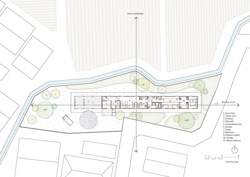 Floor plan drawing showing the linear layout with landscaped areas and surrounding agricultural context