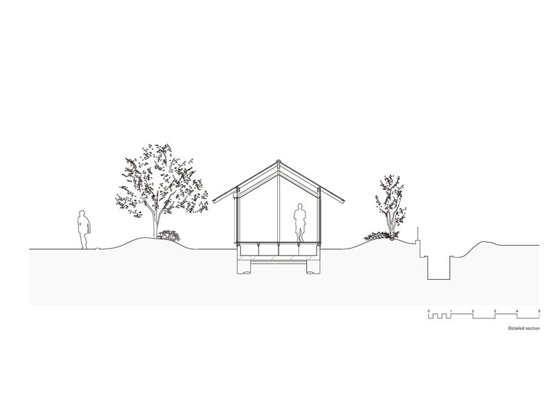 Section drawing showing a pitched-roof volume on concrete plinth with two figures and surrounding trees