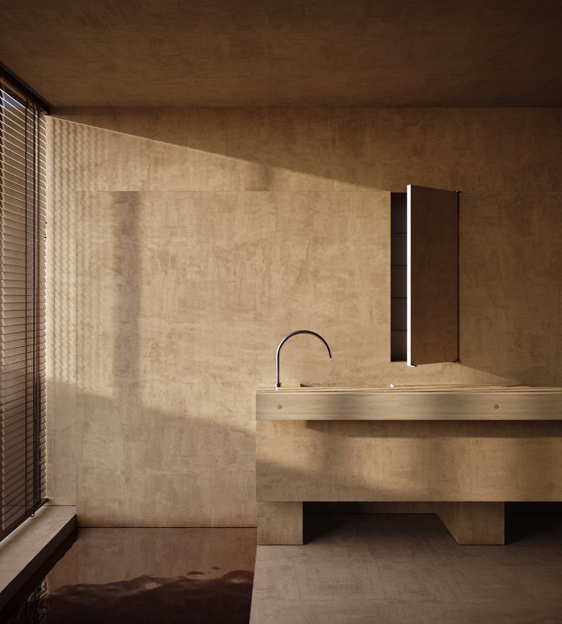 Bathroom vanity with timber counter and vertical light fixture beneath slatted blind shadow patterns