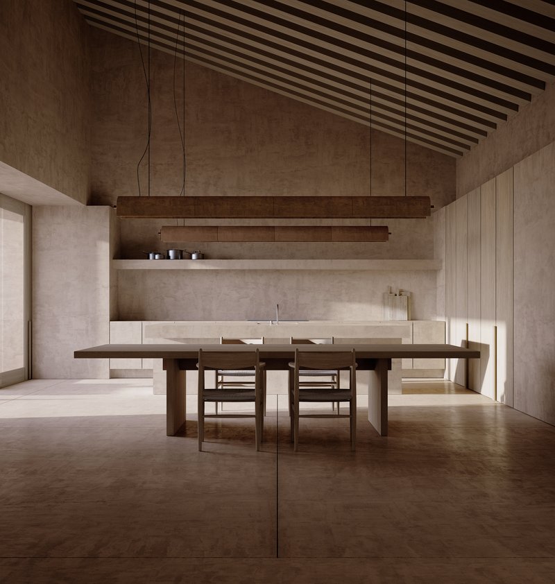 Dining space with timber table and exposed ceiling beams against textured plaster walls