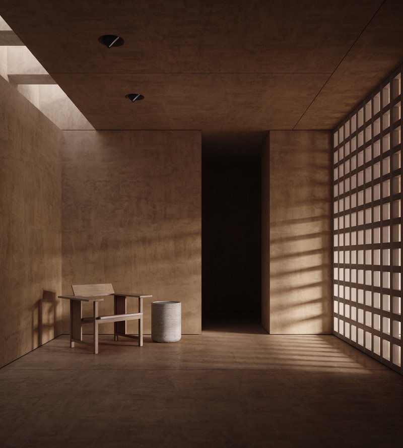Interior room with gridded screen wall casting geometric shadows across the timber floor