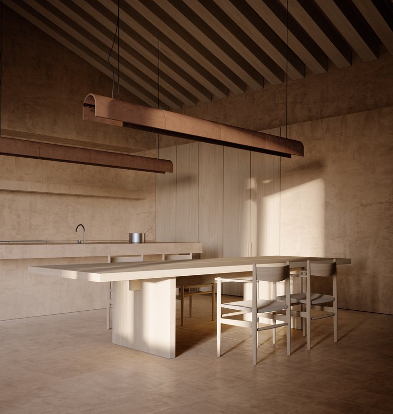 Dining area with timber table and exposed ceiling beams illuminated by linear pendant lights