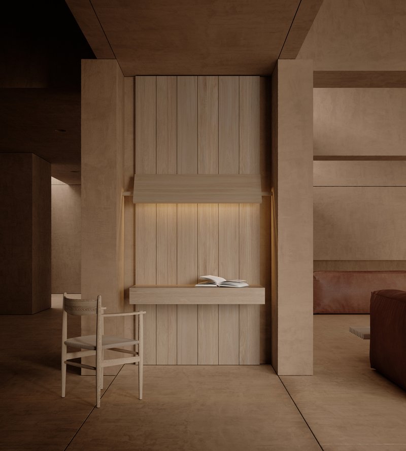 Reading alcove with vertical timber paneling and built-in bench lit by concealed warm lighting