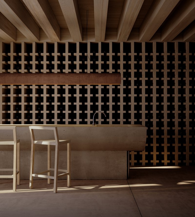 Timber lattice screen wall in kitchen area with cross-shaped perforations casting geometric shadows
