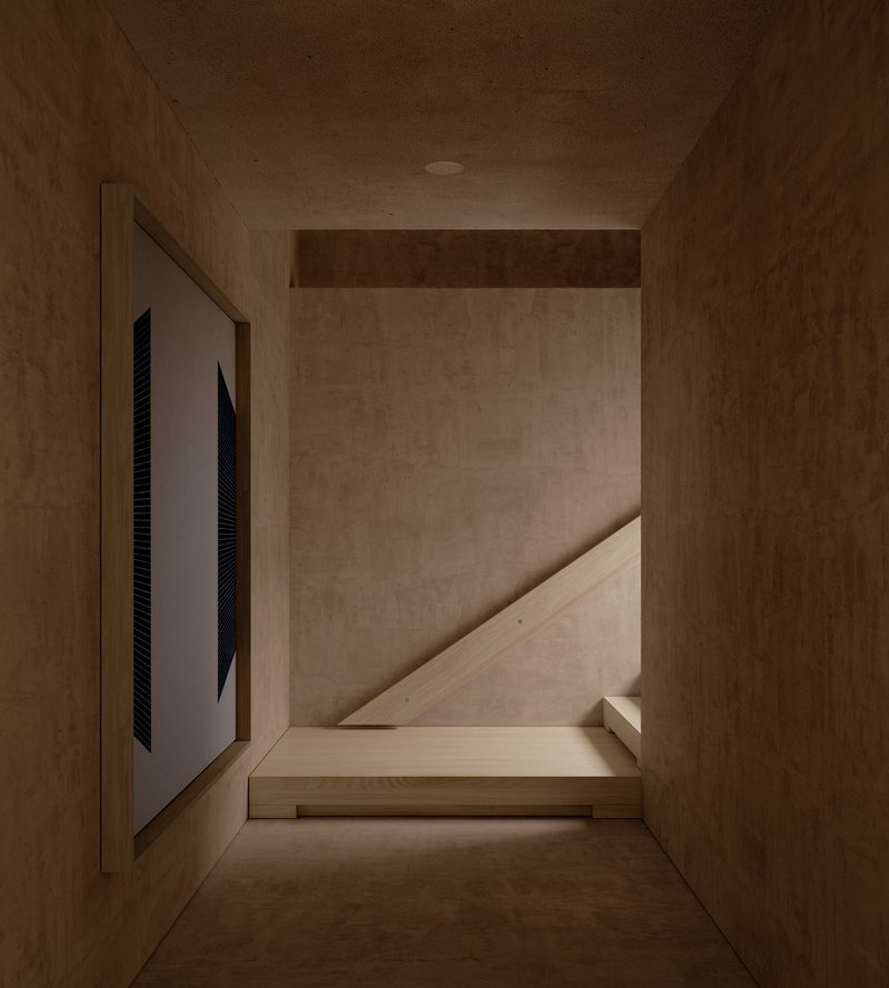 Narrow corridor with rammed earth walls leading to a timber staircase under soft ambient light