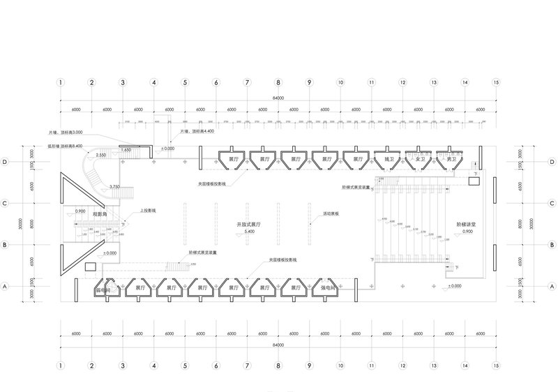 Floor plan drawing showing central hall with rows of shell-shaped roof vaults and side stairs
