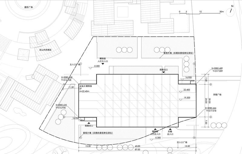 Site plan drawing indicating building footprint with gridded roof and surrounding landscape elements