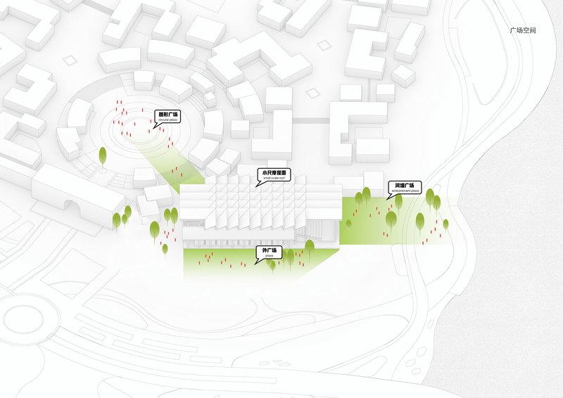 Axonometric drawing showing the site layout with green public spaces and scattered trees among white building masses