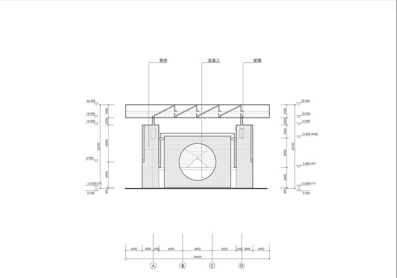 Section drawing showing a central circular opening in the wall plane with exposed structural truss above