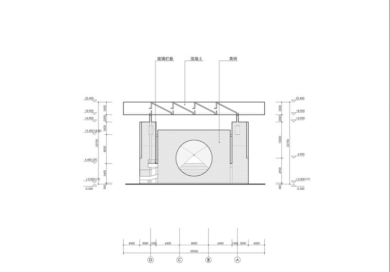 Section drawing showing the circular wall opening with a vertical column detail on the left side
