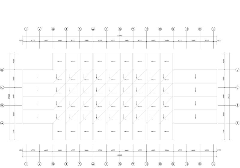 Structural floor plan showing the column grid and beam layout with dimensional annotations