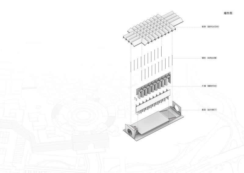 Exploded axonometric drawing illustrating the layered roof, steel frame, and base components