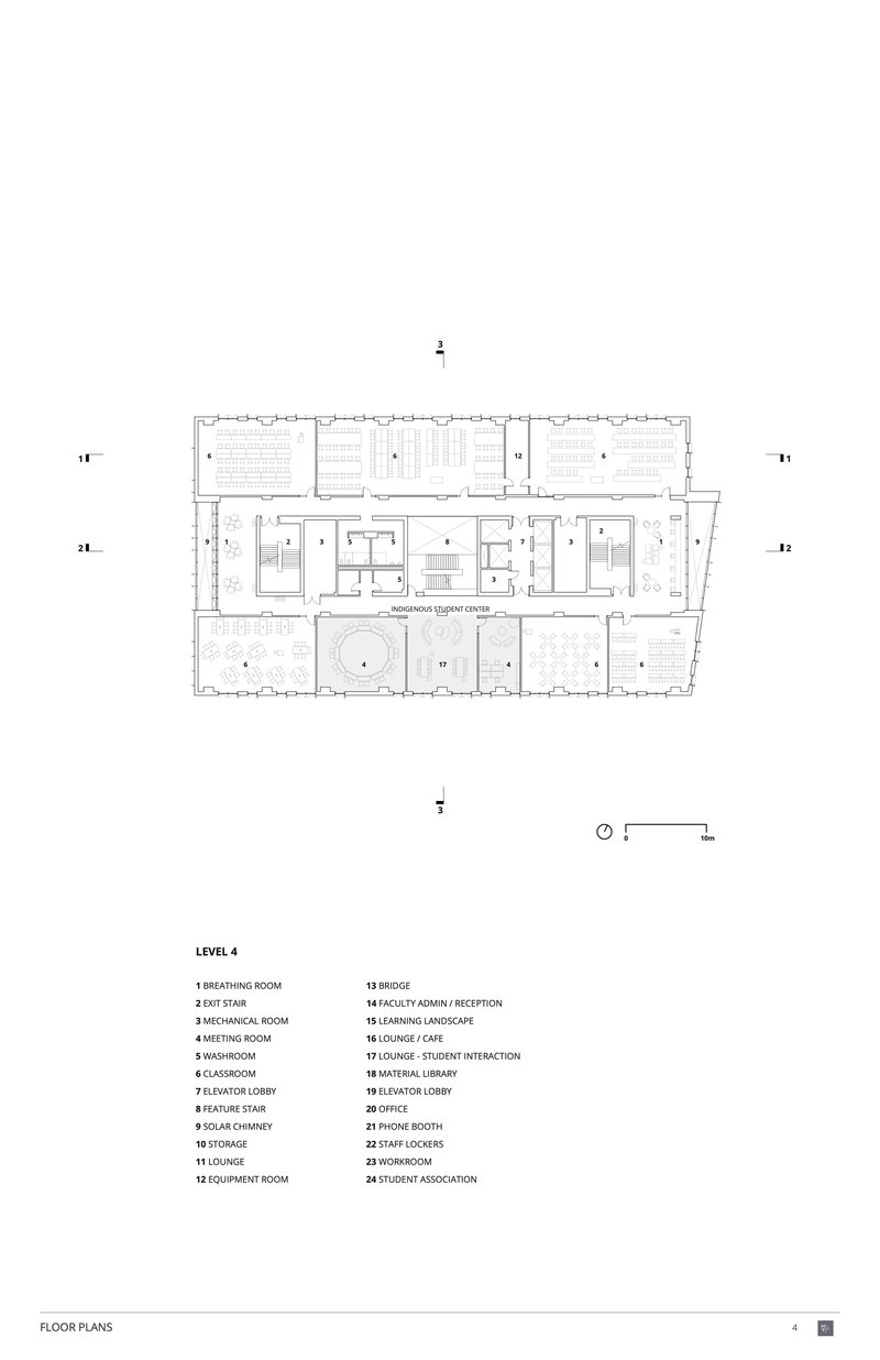 Floor plan drawing showing classrooms, breakout rooms, and lounge spaces arranged in a linear configuration