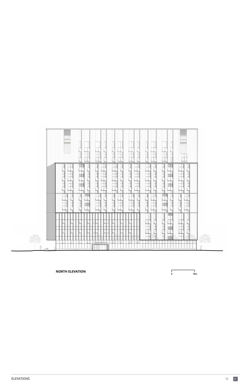 North elevation drawing showing repetitive window grid across the facade with trees at ground level