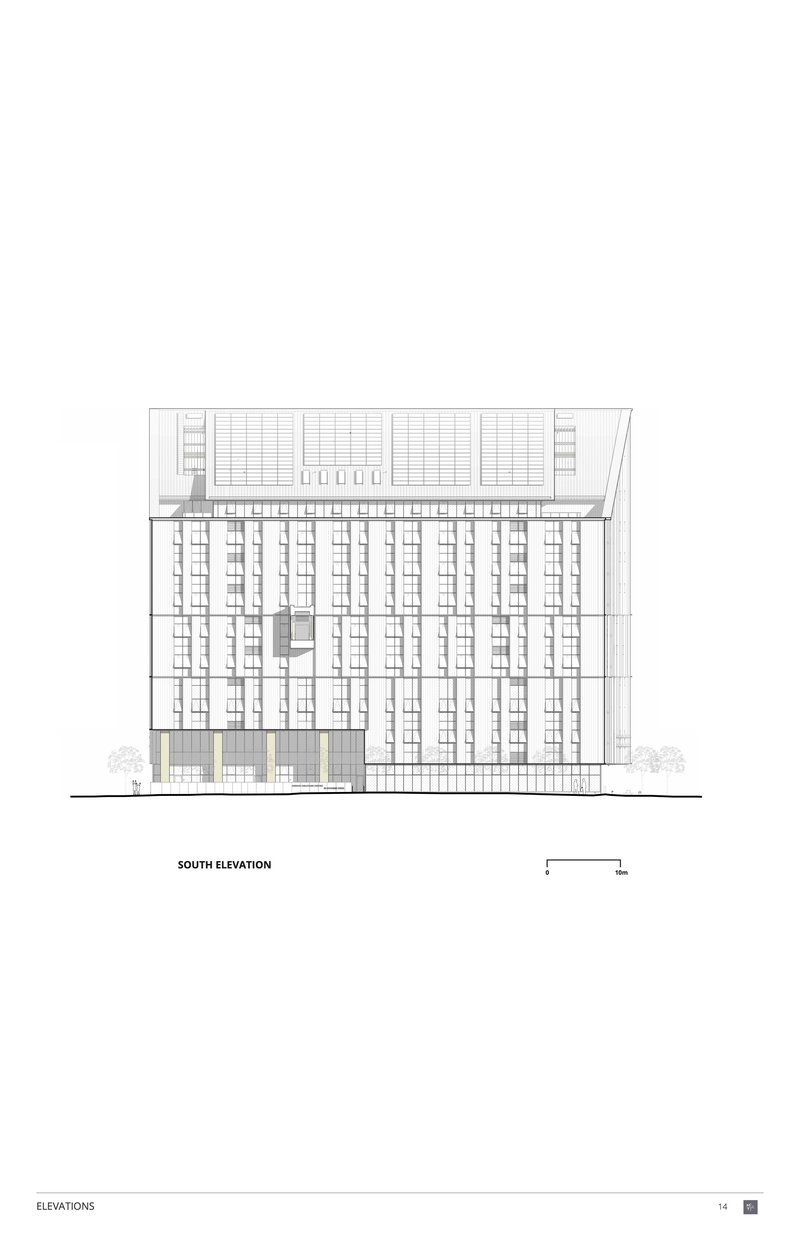 South elevation drawing displaying the fenestration pattern and massing of the multi-story volume