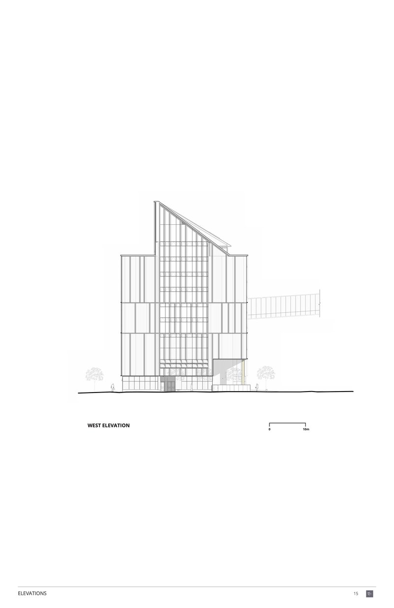 West elevation drawing showing a slanted roofline and glazed facade with vertical framing elements