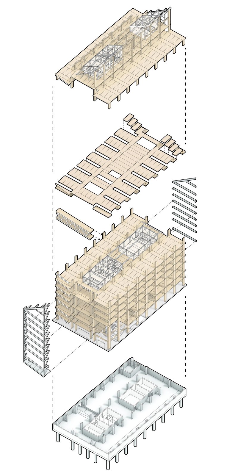 Exploded axonometric drawing showing timber structural layers and floor plates with interior partitions