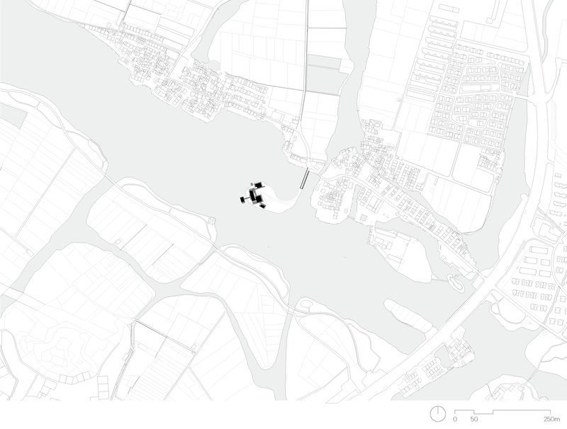 Site plan drawing showing building footprints within a curved parcel surrounded by residential neighborhoods